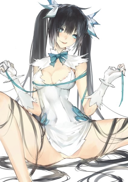 Anime picture 2480x3507 with dungeon ni deai wo motomeru no wa machigatteiru darou ka j.c. staff hestia (danmachi) messikid single long hair tall image fringe highres breasts open mouth blue eyes light erotic black hair simple background smile large breasts white background sitting twintails