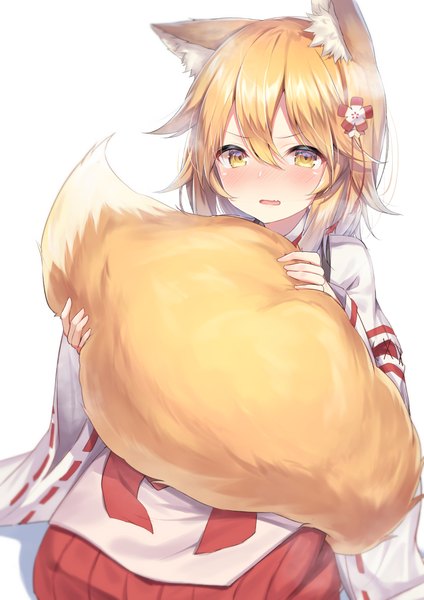 Anime picture 800x1131 with sewayaki kitsune no senko-san doga kobo senko (sewayaki kitsune no senko-san) topia single tall image looking at viewer blush fringe short hair open mouth simple background blonde hair hair between eyes white background sitting animal ears yellow eyes payot tail