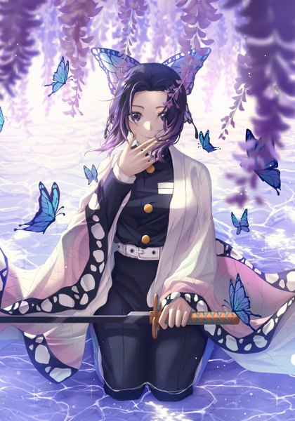 Anime picture 3500x5000 with kimetsu no yaiba ufotable kochou shinobu arahe single tall image looking at viewer highres short hair smile sitting purple eyes absurdres purple hair traditional clothes japanese clothes partially submerged hand to mouth animal print seiza