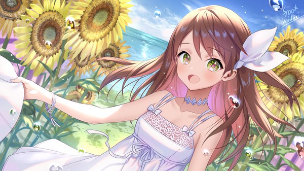 Anime picture 1422x800 with original midori foo single long hair looking at viewer blush fringe open mouth smile brown hair wide image standing bare shoulders holding green eyes signed sky cloud (clouds) outdoors :d