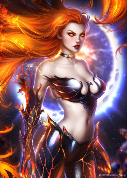 Anime picture 3000x4200 with x-men marvel comics jean grey ayyasap single long hair tall image looking at viewer highres breasts light erotic large breasts standing bare shoulders signed lips orange hair realistic orange eyes lipstick