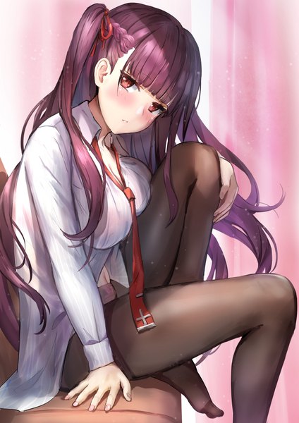 Anime picture 707x1000 with girls frontline wa2000 (girls frontline) qian wu atai single long hair tall image looking at viewer blush fringe breasts light erotic simple background red eyes sitting purple hair bent knee (knees) blunt bangs braid (braids) head tilt arm support