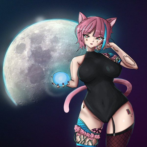 Anime picture 4318x4318 with original rainbow d fox single looking at viewer fringe highres short hair open mouth light erotic simple background standing bare shoulders holding green eyes animal ears pink hair absurdres tail nail polish animal tail