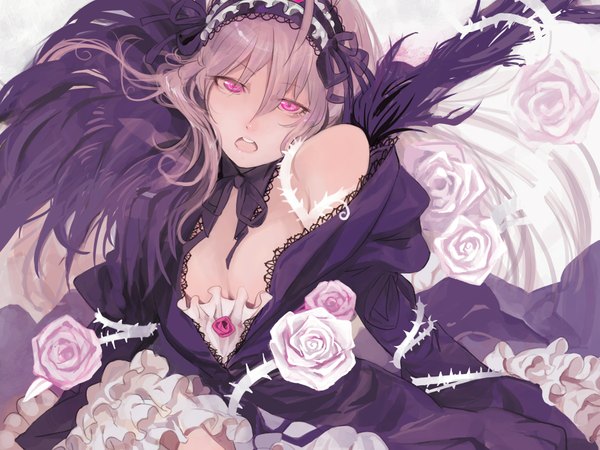 Anime picture 1800x1350 with rozen maiden suigintou moruga long hair highres open mouth light erotic brown hair bare shoulders pink eyes gothic girl dress flower (flowers) headdress rose (roses)