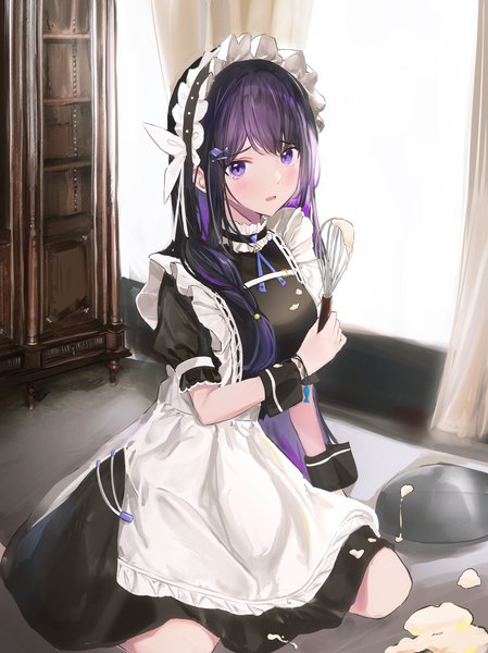 Anime picture 3368x4501 with virtual youtuber nijisanji virtuareal miki (virtuareal) dana (hapong07) single long hair tall image looking at viewer blush fringe highres open mouth sitting purple eyes holding absurdres purple hair indoors short sleeves
