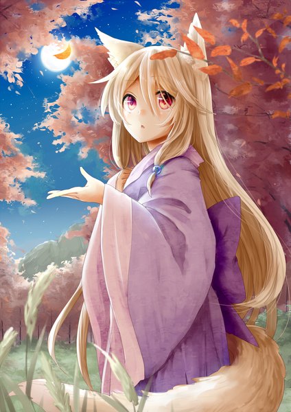 Anime picture 1000x1414 with original yuya (night lily) long hair tall image blonde hair red eyes japanese clothes fox ears fox tail fox girl autumn girl plant (plants) tree (trees) kimono leaf (leaves) moon