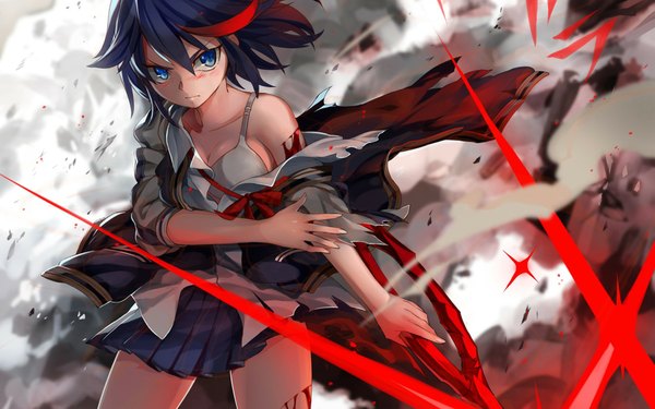 Anime picture 1920x1200 with kill la kill studio trigger matoi ryuuko mizushirazu single looking at viewer blush highres short hair blue eyes light erotic black hair bare shoulders cleavage pleated skirt multicolored hair open clothes two-tone hair wallpaper streaked hair