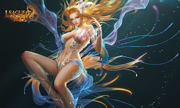 Anime picture 1000x600 with league of angels nyssa (league of angels) tagme (artist) single long hair looking at viewer breasts blue eyes light erotic wide image bent knee (knees) fingernails lips bare legs legs copyright name long fingernails girl navel hair ornament