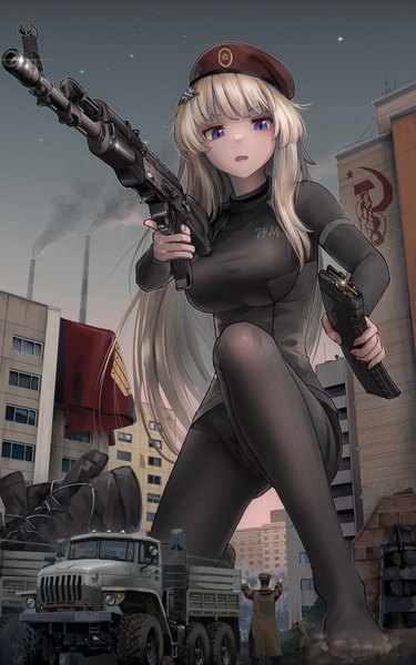 Anime picture 1800x2880 with girls frontline ak-74m (girls frontline) welt (kinsei koutenkyoku) long hair tall image looking at viewer fringe highres breasts open mouth blue eyes light erotic standing holding full body outdoors white hair blunt bangs multiple boys kneeling
