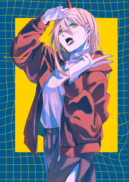 Anime picture 2200x3100 with chainsaw man mappa power (chainsaw man) ice morinaka single long hair tall image looking at viewer fringe highres hair between eyes signed yellow eyes pink hair horn (horns) open jacket teeth twitter username victory sharp teeth