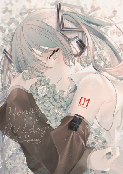Anime picture 1240x1754 with vocaloid hatsune miku koru (end 701) single long hair tall image twintails signed upper body lying aqua eyes aqua hair twitter username dated on side happy birthday covering eye (eyes) anniversary girl flower (flowers)