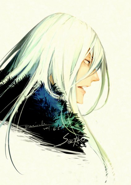 Anime picture 1200x1696 with katekyou hitman reborn superbi squalo parcivale single long hair tall image open mouth blue eyes simple background signed white hair profile boy fur