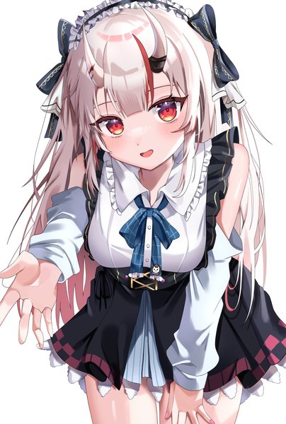 Anime picture 1378x2048 with virtual youtuber hololive nakiri ayame nakiri ayame (3rd costume) 129 nemui single long hair tall image looking at viewer breasts open mouth simple background smile red eyes white background white hair nail polish horn (horns) leaning leaning forward