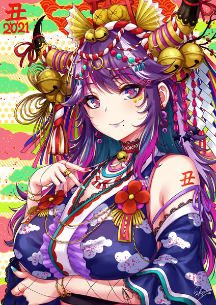 Anime-Bild 1200x1697 mit original sakiyamama single long hair tall image looking at viewer fringe breasts light erotic smile large breasts standing purple eyes signed payot purple hair upper body nail polish traditional clothes japanese clothes