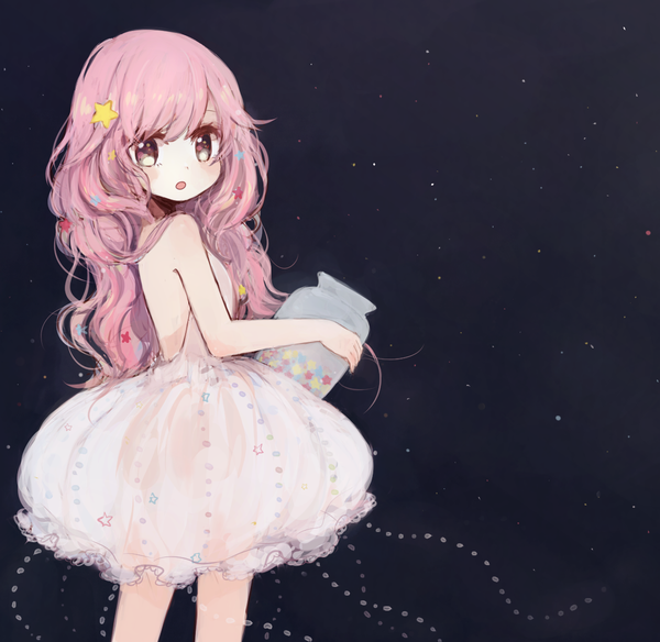 Anime picture 1153x1123 with original mozukuzu (manukedori) single long hair looking at viewer blush short hair open mouth red eyes standing holding pink hair night :o night sky bare back girl dress hair ornament frills