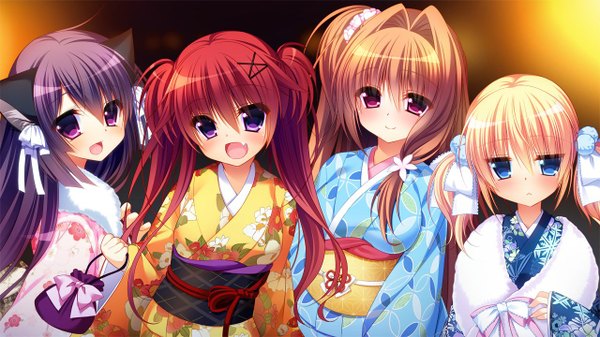 Anime picture 1280x720 with yukikoi melt reppuji kanon himeguri taruhi unazuki shizuri tsukumo yuki nanaka mai long hair blush open mouth blue eyes blonde hair smile red eyes brown hair wide image twintails purple eyes multiple girls animal ears game cg