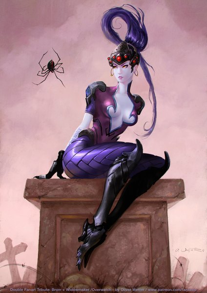Anime picture 990x1400 with overwatch blizzard entertainment widowmaker (overwatch) oliver wetter single long hair tall image breasts light erotic simple background sitting signed yellow eyes looking away cleavage purple hair full body ponytail parted lips copyright name