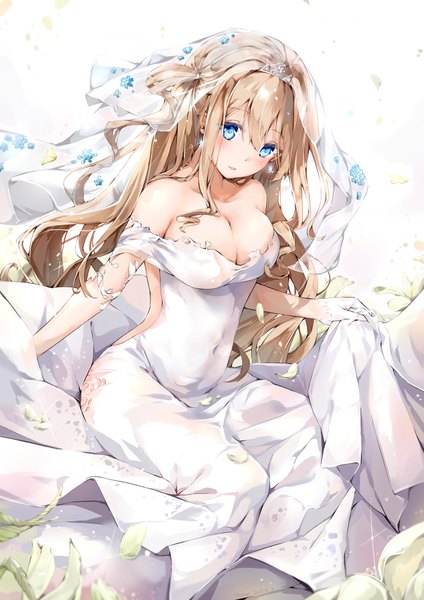 Anime picture 2480x3508 with girls frontline suomi kp31 (girls frontline) dema hmw single long hair tall image looking at viewer blush fringe highres breasts open mouth blue eyes light erotic simple background blonde hair hair between eyes large breasts sitting bare shoulders