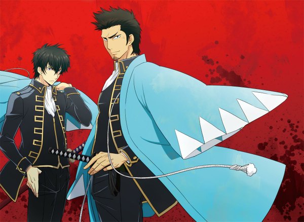 Anime picture 1500x1097 with gintama sunrise (studio) hijikata toshiro kondo isao kaya9o short hair black hair smile brown hair purple eyes green eyes hand in pocket clothes on shoulders boy uniform weapon sword beard