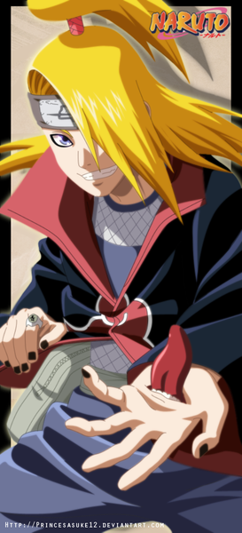 Anime picture 466x1024 with naruto studio pierrot naruto (series) deidara akira-12 single long hair tall image fringe blue eyes blonde hair smile ponytail nail polish hair over one eye inscription grin coloring akatsuki boy