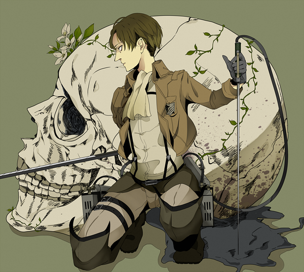 Anime picture 1000x895 with shingeki no kyojin production i.g levi (rivaille) single short hair holding looking away green hair black eyes open clothes open jacket dual wielding flower (flowers) weapon sword belt thigh strap skull