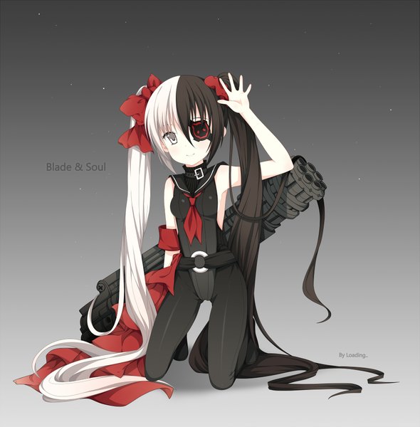 Anime picture 1925x1960 with blade & soul po hwa ran (blade & soul) loading single long hair tall image highres black hair twintails white hair multicolored hair grey background two-tone hair silver eyes girl bow weapon hair bow gun eyepatch