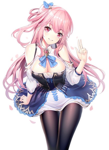 Anime picture 875x1200 with original emily stock ririko (zhuoyandesailaer) single long hair tall image looking at viewer blush fringe breasts light erotic simple background smile hair between eyes large breasts white background sitting bare shoulders payot pink hair