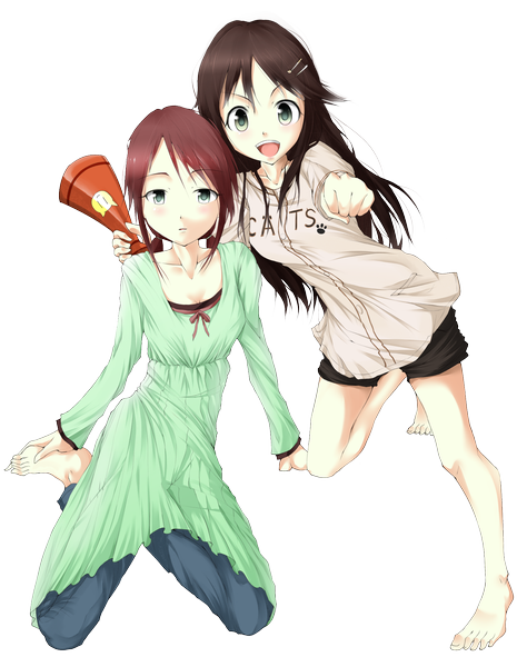 Anime picture 1604x2067 with solru (tyappygain) long hair tall image open mouth black hair brown hair multiple girls green eyes barefoot legs transparent background girl dress 2 girls shorts