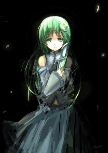 Anime picture 1200x1697 with touhou kochiya sanae stk7033 single long hair tall image fringe simple background green eyes green hair black background girl hair ornament detached sleeves hair tubes frog