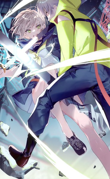 Anime picture 1846x3002 with original miwano rag tall image fringe highres short hair open mouth red eyes brown hair green eyes silver hair bent knee (knees) pleated skirt from behind scan eye contact fighting stance girl boy skirt