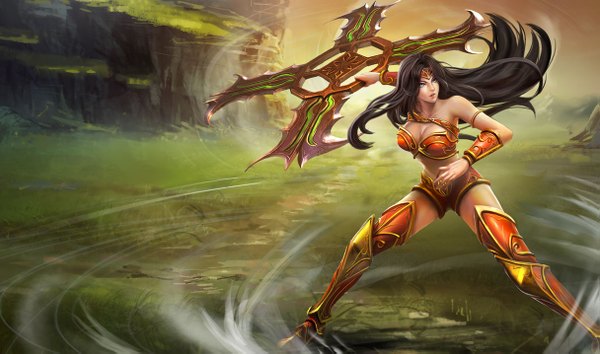 Anime picture 1215x717 with league of legends sivir (league of legends) single long hair breasts blue eyes light erotic black hair wide image standing wind girl weapon armor boomerang