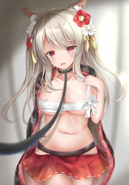 Anime picture 700x1007 with azur lane yuudachi (azur lane) yuudachi (shogun of snowballs) (azur lane) zensai (pixiv 38204716) single long hair tall image looking at viewer blush fringe breasts open mouth light erotic red eyes large breasts standing animal ears cleavage silver hair tail