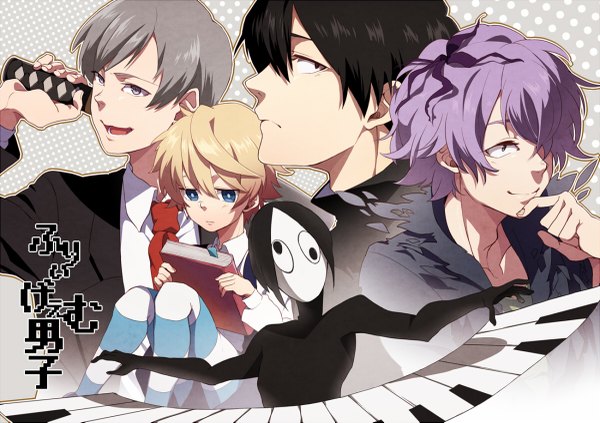 Anime picture 1200x847 with ib (game) yume nikki alice mare kaii shoukougun (game) kirisame ga furu mori garry (ib) sekomumasada sensei allen (alice mare) himuro hitoshi suga kotaro usagiumi fringe short hair open mouth blue eyes black hair blonde hair smile purple eyes looking away