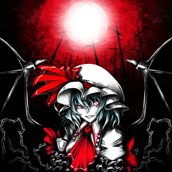 Anime picture 1400x1400 with touhou remilia scarlet fujinohara akihira single looking at viewer fringe short hair smile red eyes aqua hair teeth close-up bat wings vampire crazy girl hat wings moon chain