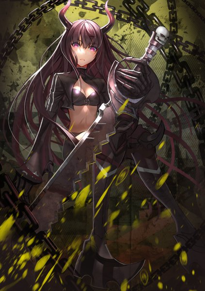 Anime picture 619x877 with black rock shooter black gold saw lloule single long hair tall image looking at viewer fringe standing purple hair pink eyes horn (horns) from below leather girl weapon jacket armor chain crop top