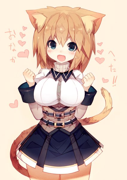 Anime picture 1060x1500 with original mamuru single tall image looking at viewer short hair breasts open mouth blue eyes simple background smile large breasts standing animal ears tail animal tail cat ears orange hair cat girl cat tail