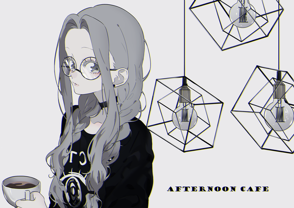 Anime picture 1754x1240 with original p (pkochan) single long hair looking at viewer highres simple background upper body braid (braids) grey hair grey background grey eyes twin braids girl choker glasses cup coffee light bulb
