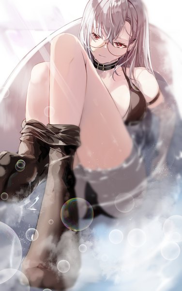 Anime picture 940x1500 with original kooemong single long hair tall image looking at viewer breasts light erotic red eyes full body bent knee (knees) head tilt grey hair blurry wet no shoes partially submerged soles reclining leg lift (legs lift)