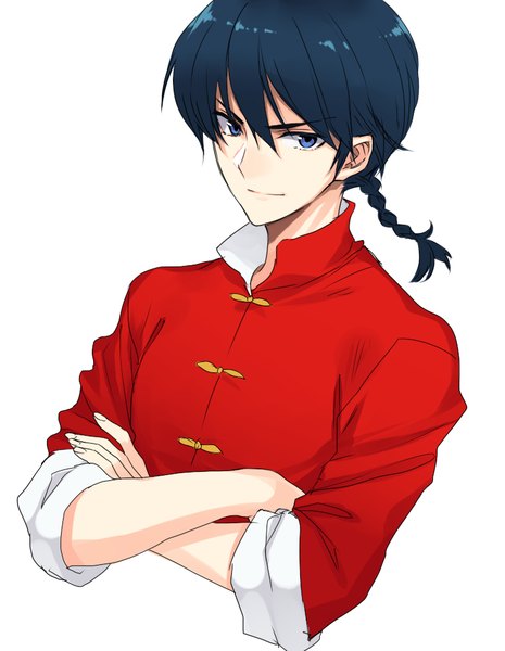 Anime picture 746x963 with ranma 1/2 saotome ranma chimachi single long hair tall image looking at viewer fringe blue eyes black hair simple background smile hair between eyes white background upper body braid (braids) traditional clothes single braid chinese clothes twisty sleeves