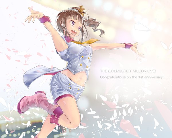 Anime picture 1600x1280 with idolmaster idolmaster million live! yokoyama nao yae (mono110) single long hair open mouth brown hair purple eyes looking away ponytail side ponytail spread arms million dreams girl skirt navel petals boots bracelet