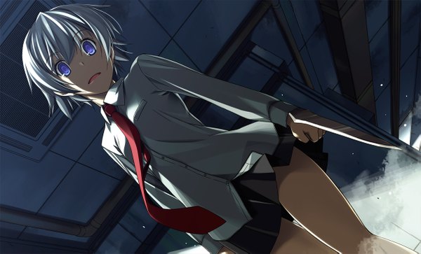 Anime picture 1205x731 with original shikei single looking at viewer short hair blue eyes wide image silver hair from below smoke girl skirt weapon miniskirt shirt necktie