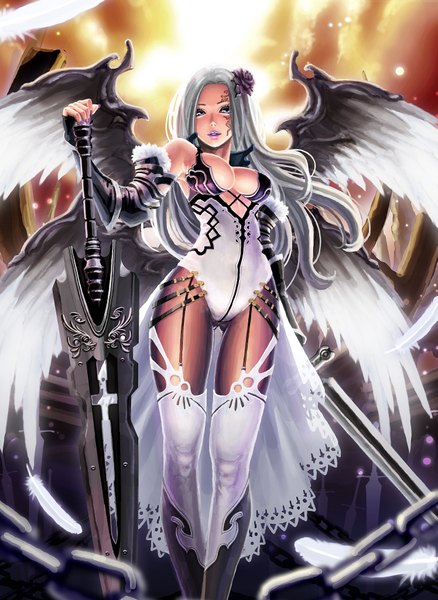 Anime picture 2990x4092 with original ikeda (hayato) single long hair tall image looking at viewer highres breasts blue eyes light erotic white hair girl thighhighs weapon sword wings chain