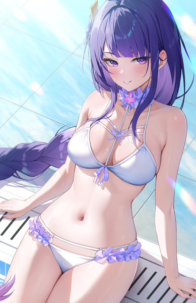 Anime picture 2307x3556 with genshin impact raiden shogun rosumerii single long hair tall image looking at viewer blush fringe highres breasts light erotic smile large breasts sitting purple eyes purple hair braid (braids) parted lips from above