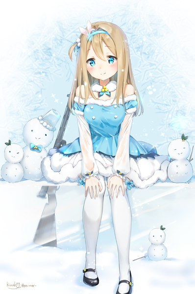 Anime picture 1335x2010 with girls frontline suomi kp31 (girls frontline) kinako (shiratama mochi) single long hair tall image looking at viewer blush fringe breasts blue eyes simple background blonde hair smile hair between eyes sitting bare shoulders signed payot full body