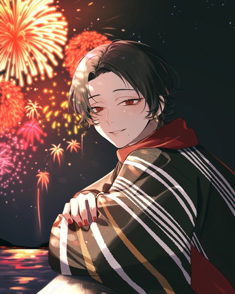 Anime picture 1200x1500 with touken ranbu nitroplus kashuu kiyomitsu yamada chickenko single tall image looking at viewer short hair black hair smile red eyes upper body outdoors nail polish traditional clothes japanese clothes night mole night sky crossed arms