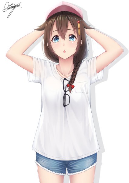Anime picture 2508x3541 with kantai collection shigure destroyer ochiai miyabi single long hair tall image looking at viewer blush fringe highres breasts open mouth blue eyes light erotic simple background hair between eyes brown hair white background signed braid (braids)