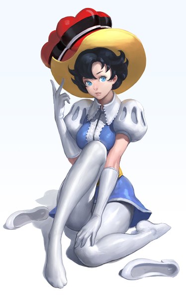 Anime-Bild 749x1200 mit princess knight princess sapphire kilart (artist) single tall image breasts blue eyes black hair simple background white background sitting looking away barefoot shadow girl gloves hat pantyhose elbow gloves shoes