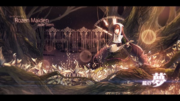 Anime picture 1600x900 with rozen maiden suiseiseki eva200499 single long hair open mouth brown hair wide image looking away heterochromia letterboxed girl dress flower (flowers) plant (plants) tree (trees) bonnet watering can