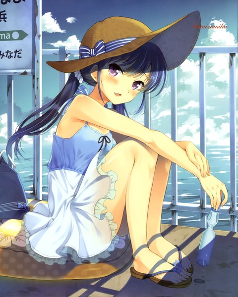 Anime picture 2874x3589 with komi zumiko single tall image looking at viewer highres open mouth smile sitting purple eyes twintails bare shoulders sky cloud (clouds) barefoot girl dress hair ornament ribbon (ribbons) hat sea