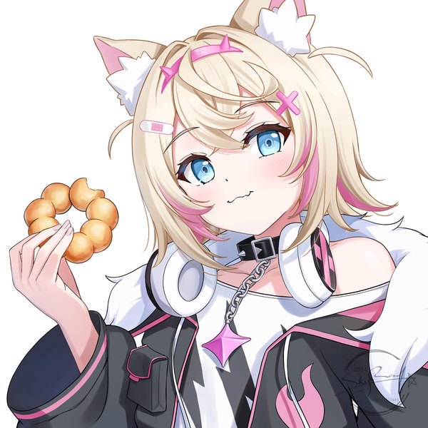 Anime picture 1200x1200 with virtual youtuber hololive hololive english mococo abyssgard skyrail (skynetrailgun) single looking at viewer blush fringe short hair blue eyes simple background blonde hair hair between eyes white background animal ears upper body multicolored hair open jacket two side up